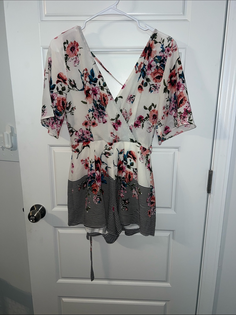 Three Hearts Cream Floral Stripe Romper with Pink Flowers